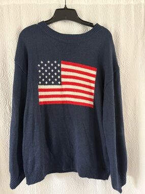 SHEIN Navy Crewneck Sweater with Red & White Flag Motif